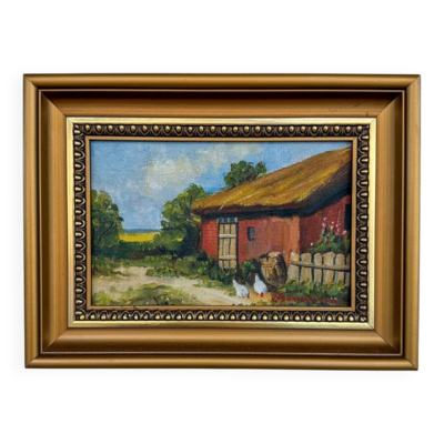 Tableau ancien ''Grange rouge et poules