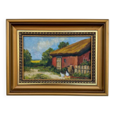 Tableau ancien "Grange rouge et poules"