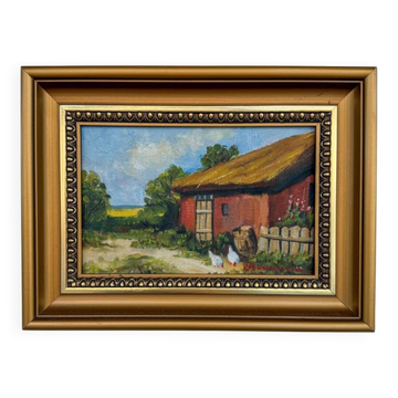 Old painting "Red barn and chickens"