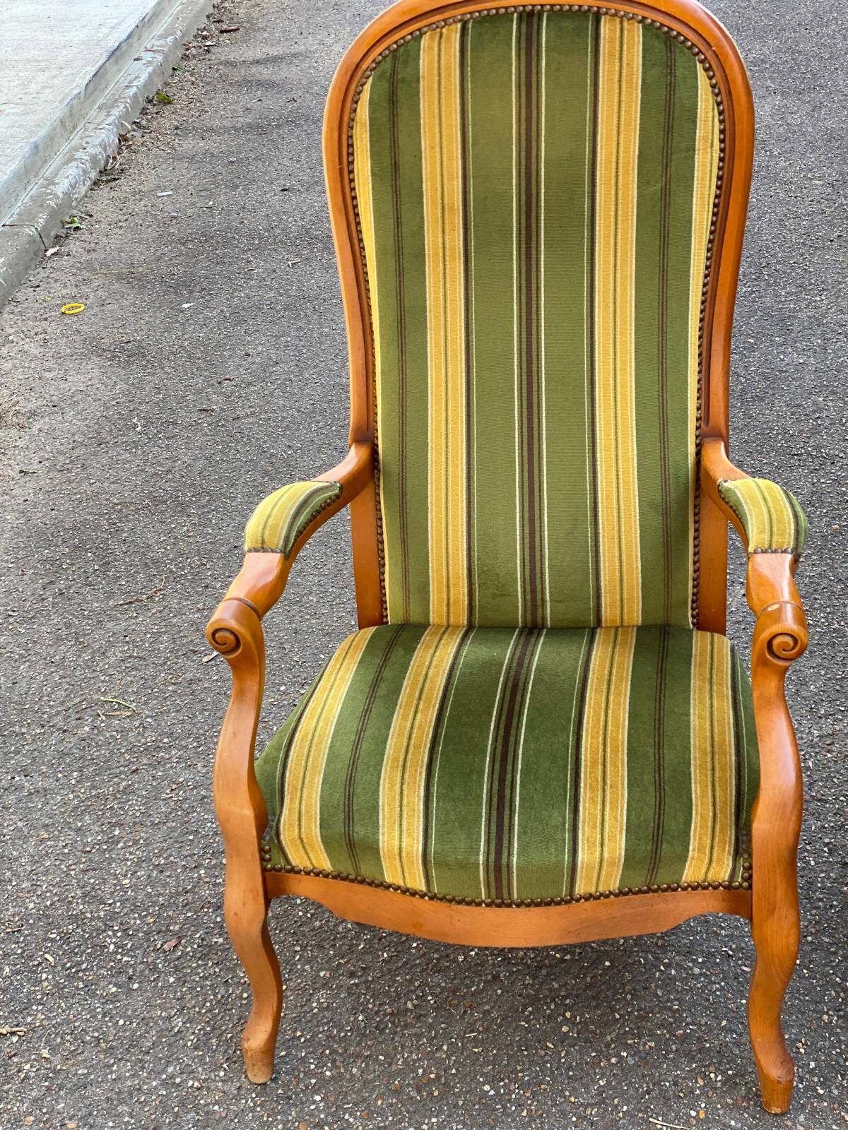 Voltaire Louis XV style living room set in green and yellow velvet with stripes