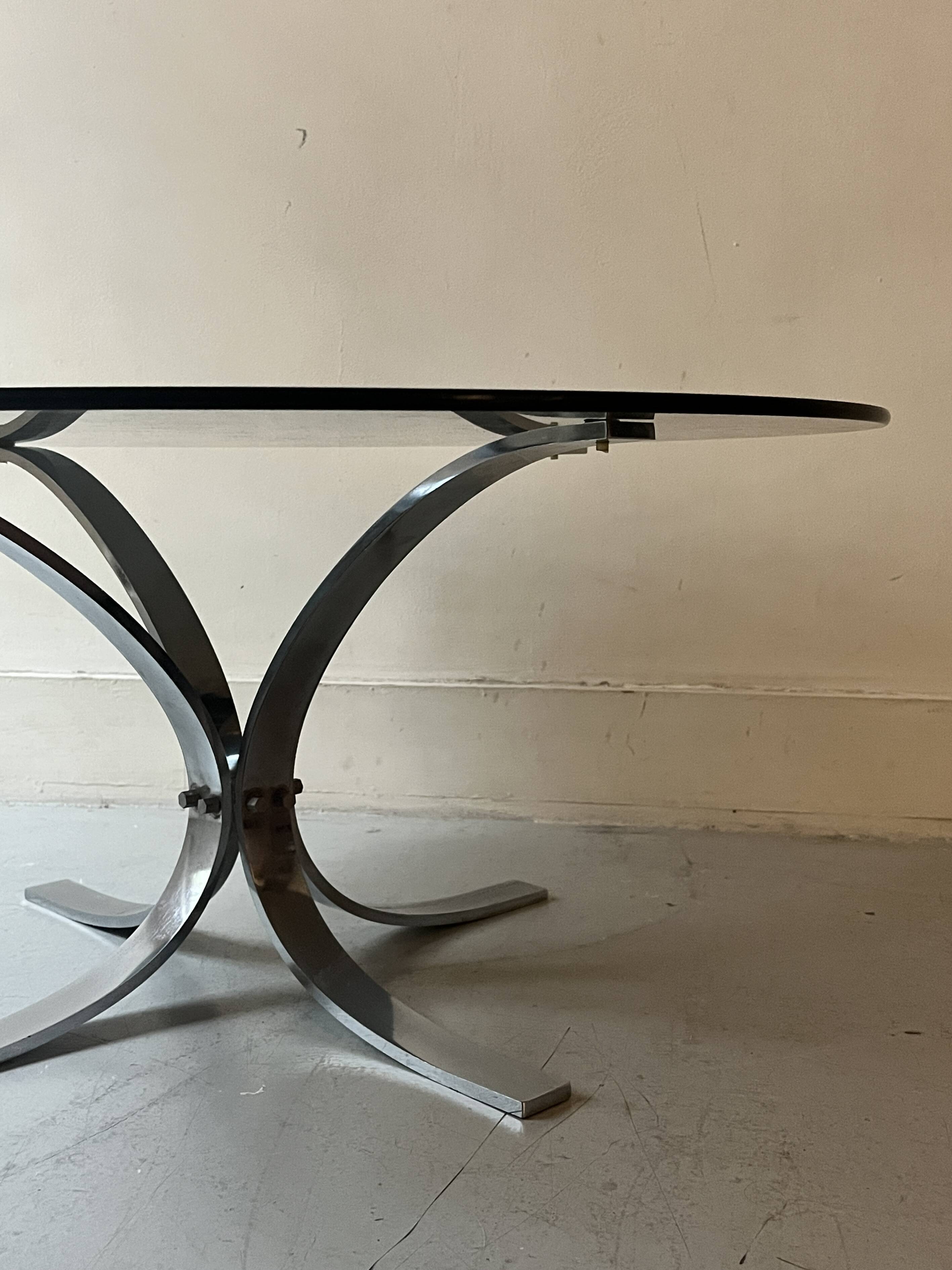 tulip coffee table in chromed metal and smoked glass, 1970s design