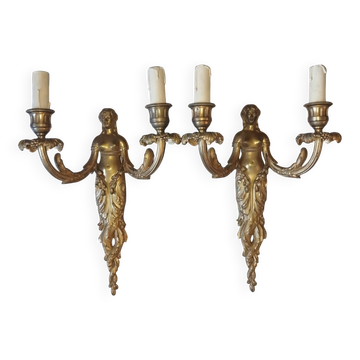 Pair of gilt bronze caryatid sconces