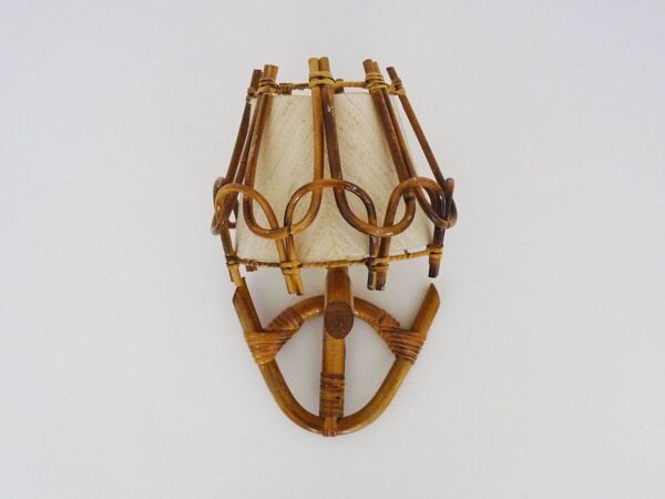 Applique murale en rotin, bambou Louis Sognot. Années 50