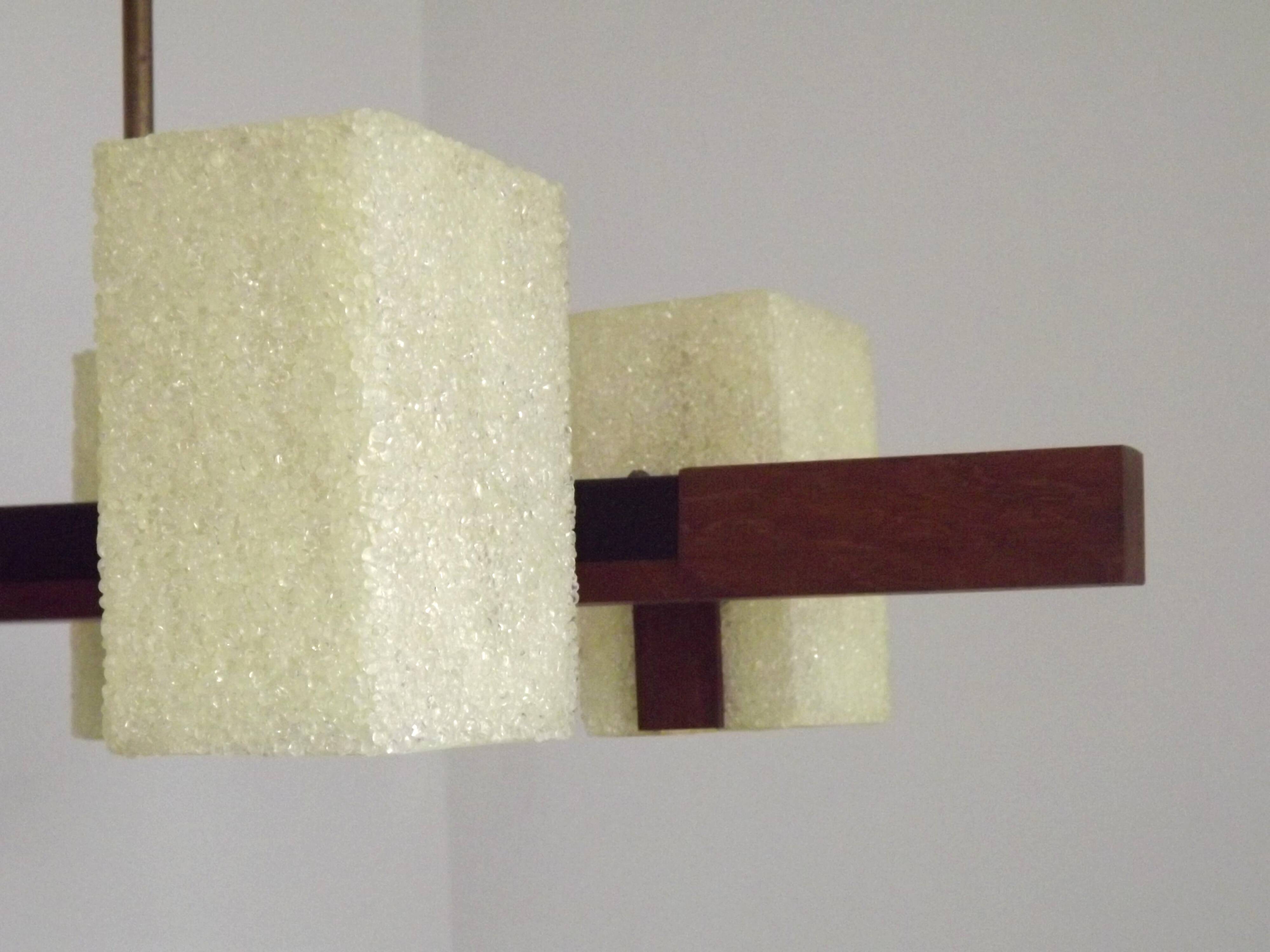 Vintage Retro Scandinavian Style 6 Light Teak Brass & Perspex Chandelier 4444