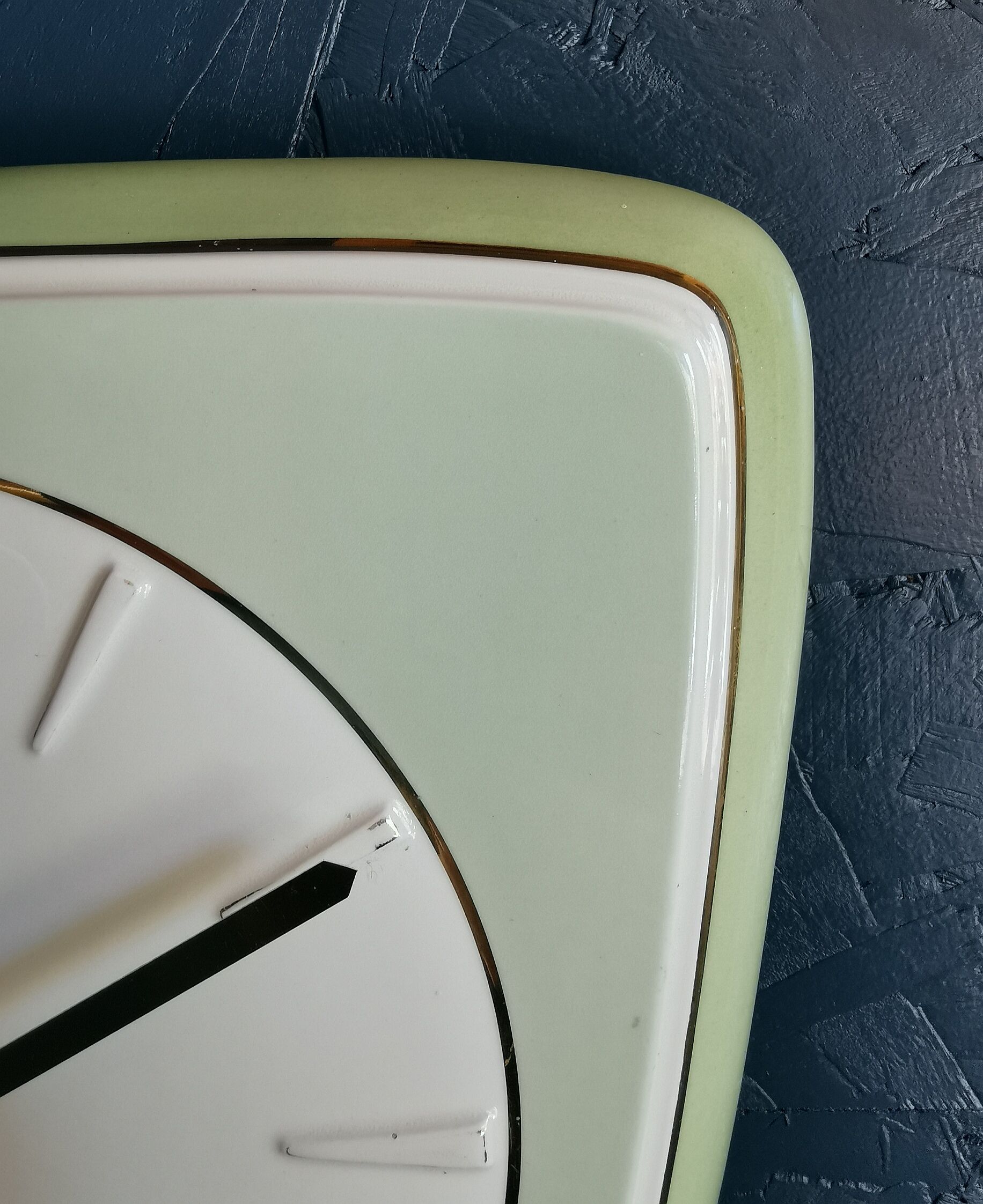 Vintage ceramic clock asymmetrical silent wall clock "Diehl golden green"