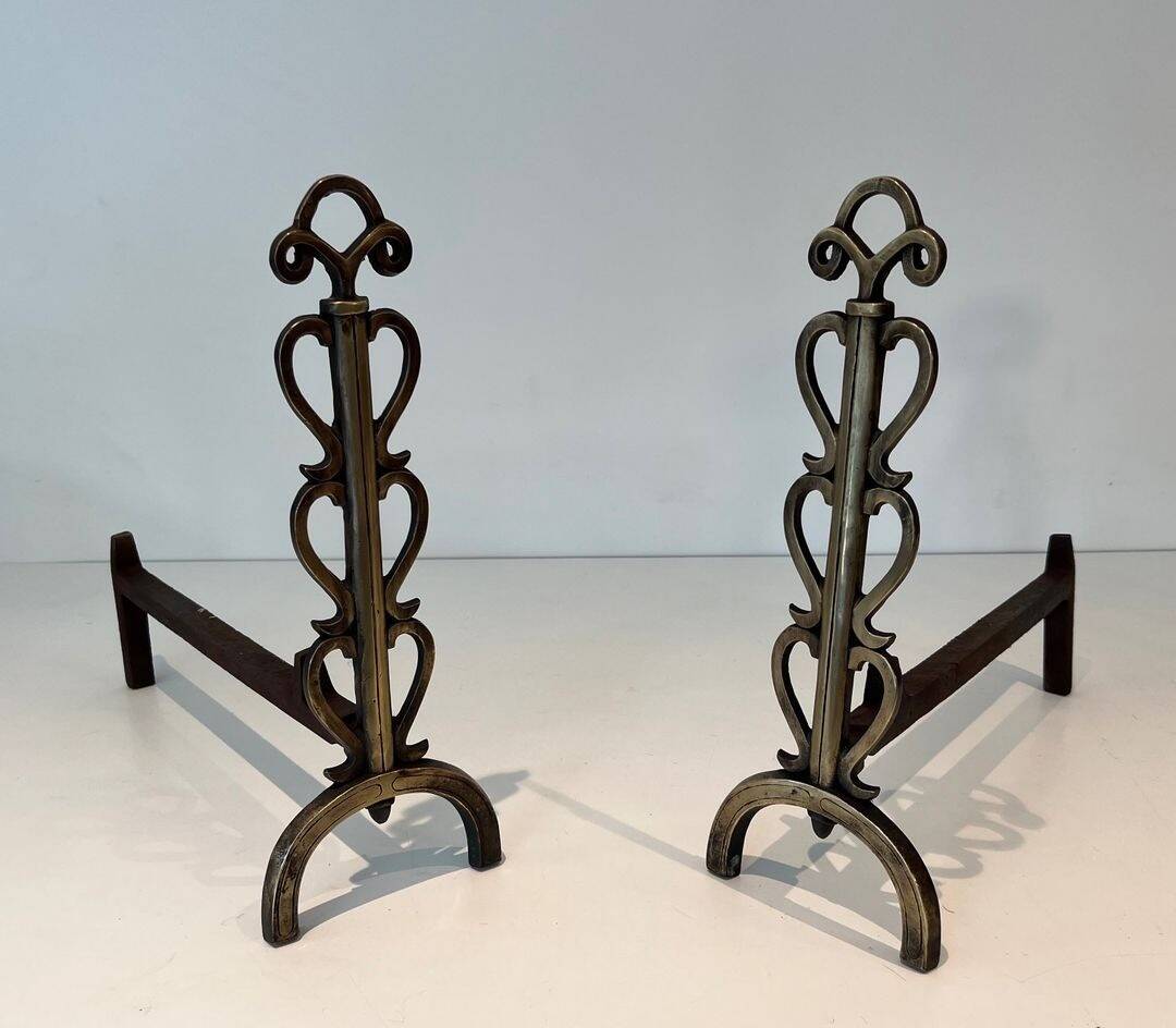 Pair of Brass and Wrought Iron Chenets with Scroll Columns and Arched Bases