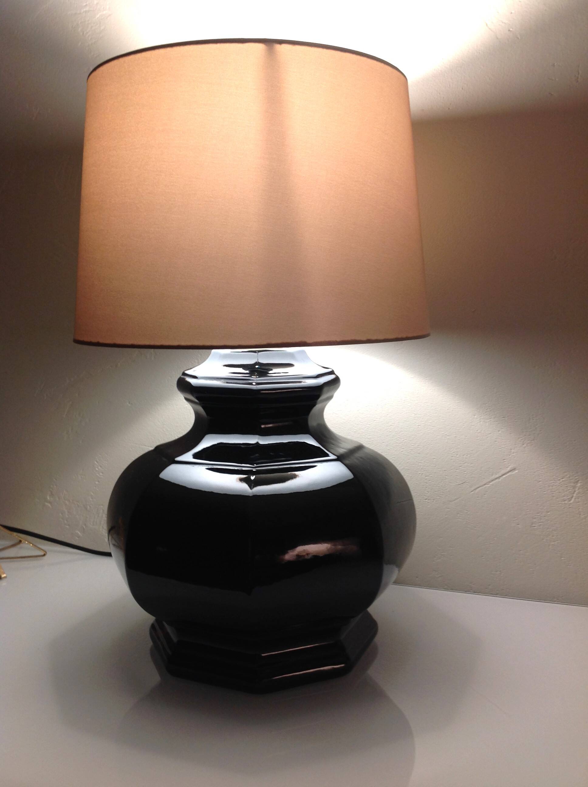 Octagonal black ceramic lamp and gold lampshade / vintage 70s