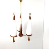 Vintage teak chandelier with white glass shades, 1960s