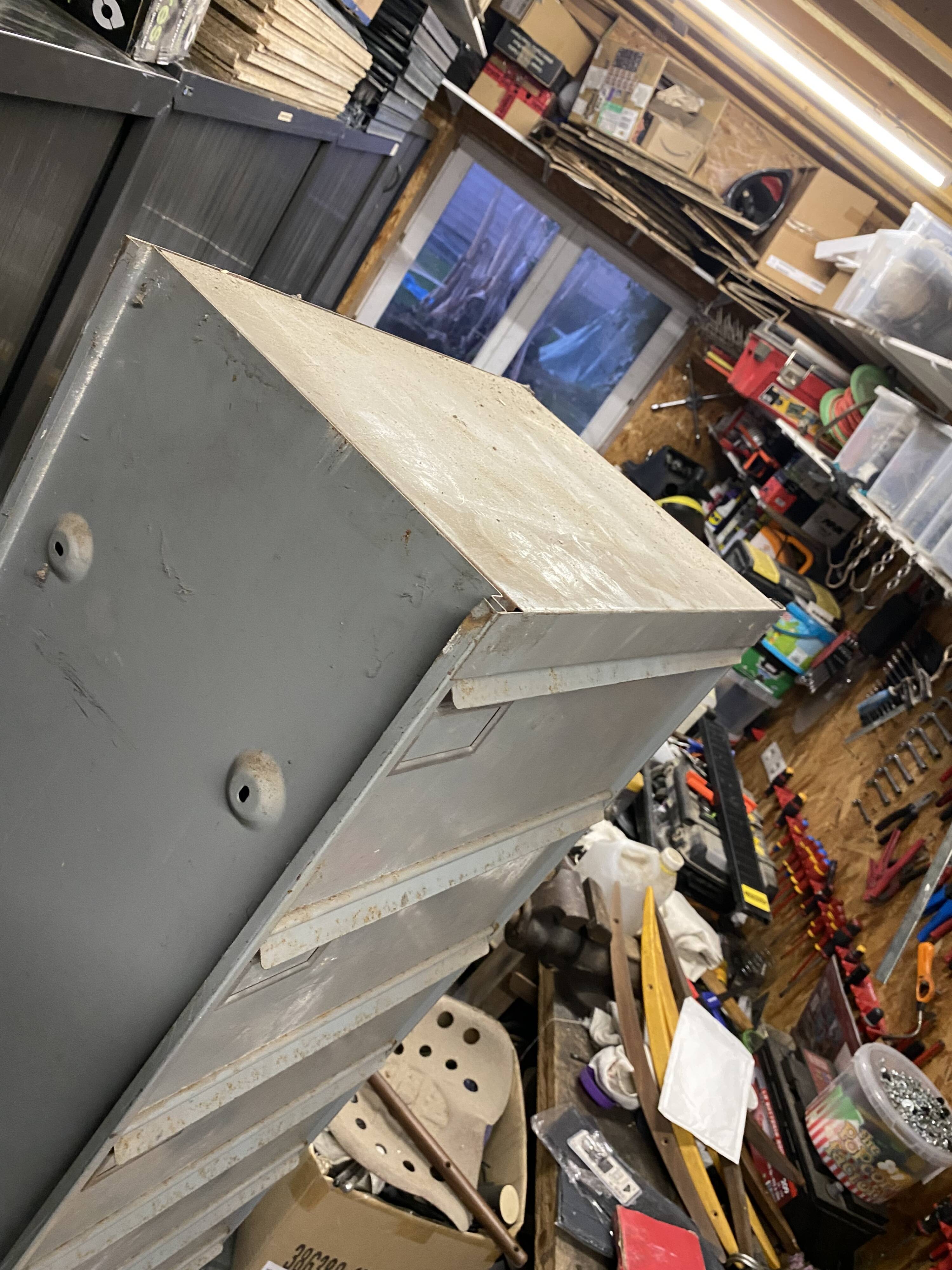 Industrial metal workshop desk storage unit with 10 flaps, 1950s.