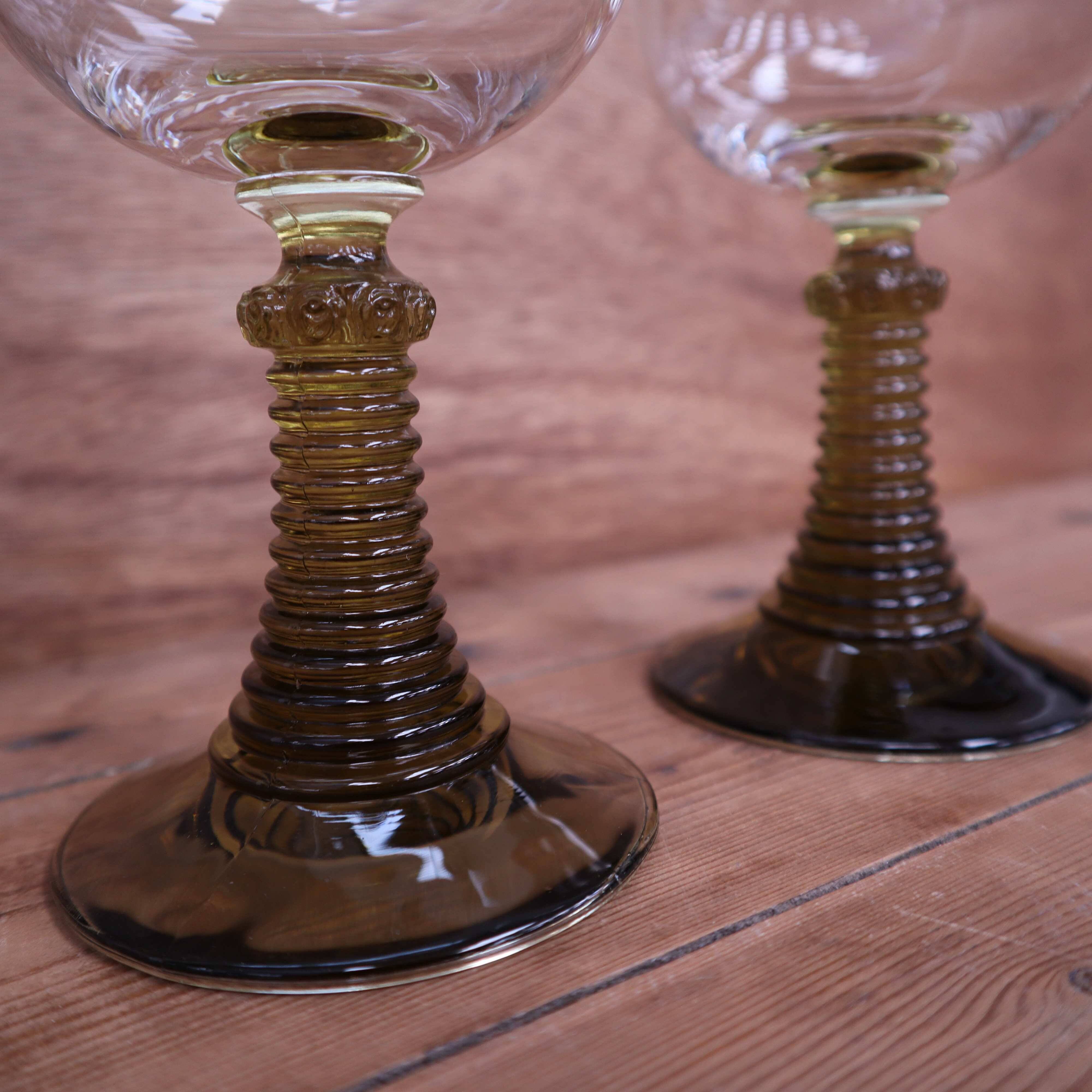 2 Roemer style wine glasses with olive green stem