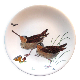 Assiette modèle gibier signée gien, les oiseaux de chasse, les bécasses