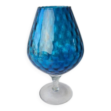 Vase verre soufflé bleu sur pied art d'Empoli