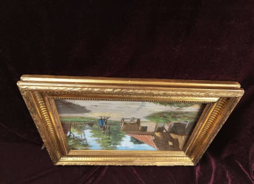 Antique oil painting, french barbizon school, wooden frame