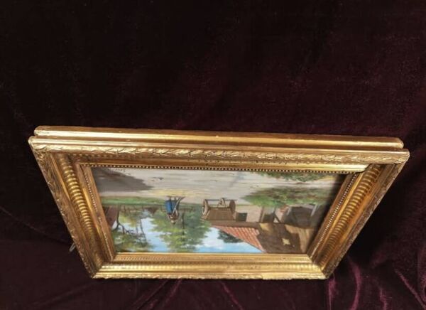Tableau ancien peinture huile école francaise de Barbizon cadre bois