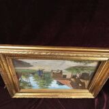 Antique oil painting, french barbizon school, wooden frame
