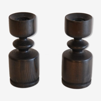 Pair of Finnish candle holders in turned wood 1960