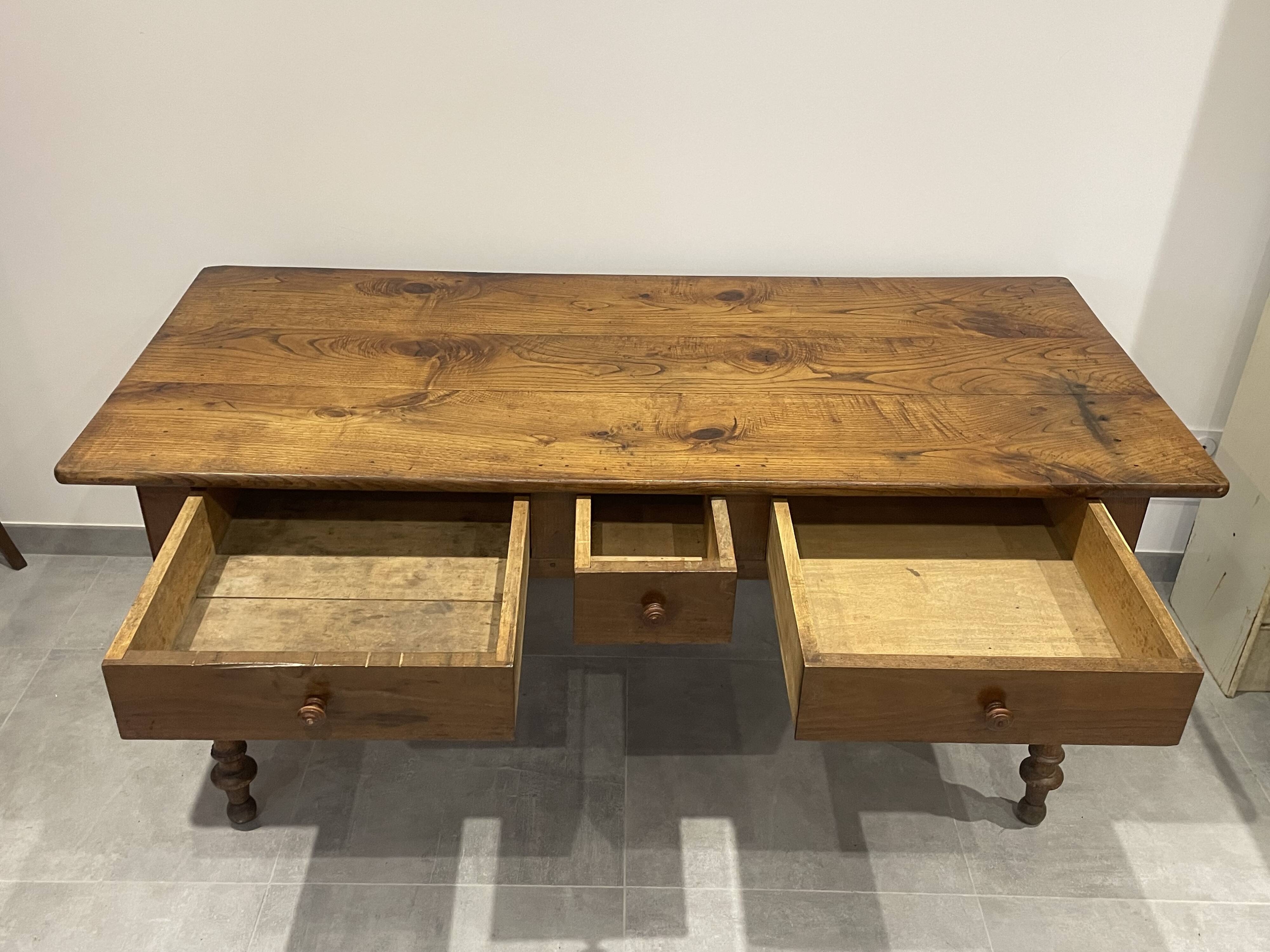 Antique natural wood farm table with 3 drawers