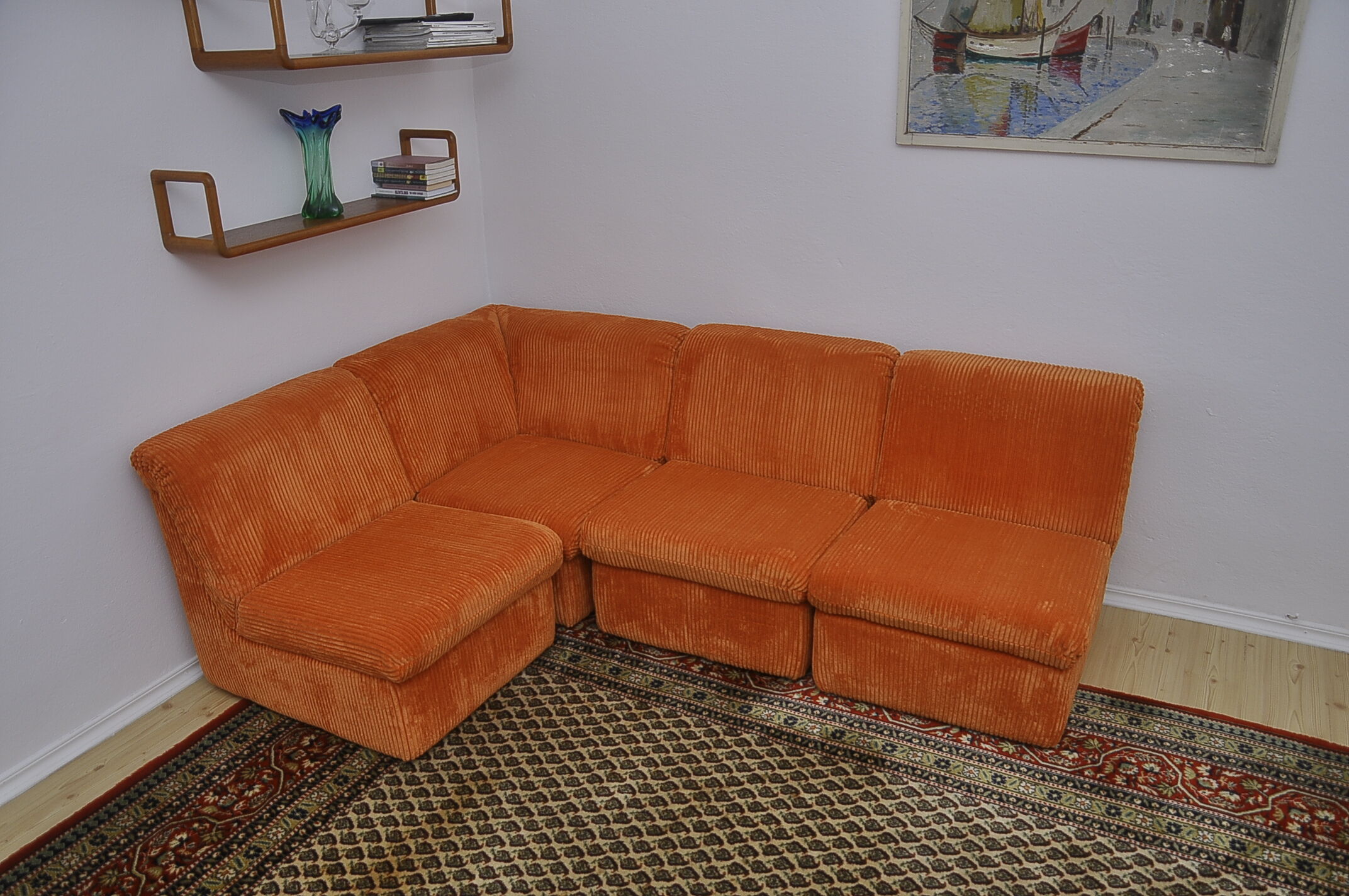 Canapé modulaire en velours côtelé orange des années 70, 4 pièces
