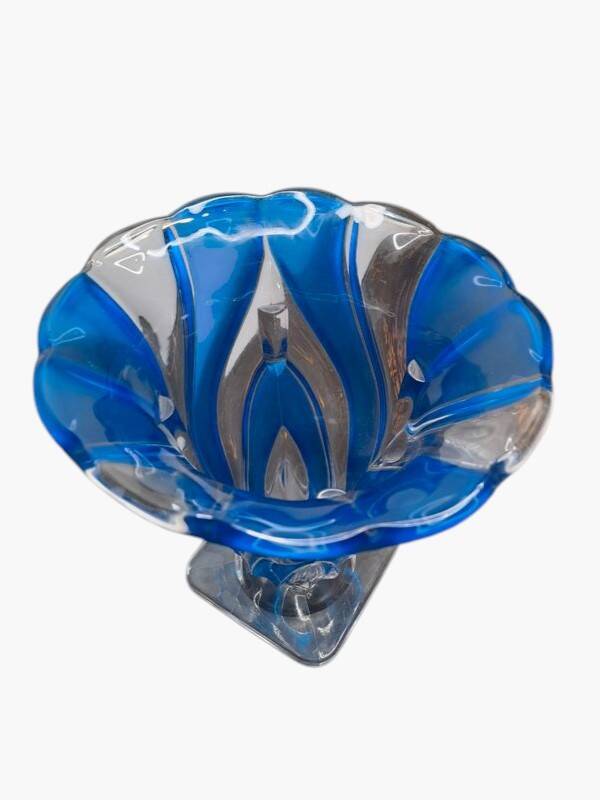 Vase en verre bleu cobalt et transparent – Forme de fleur – 19 x 18 cm