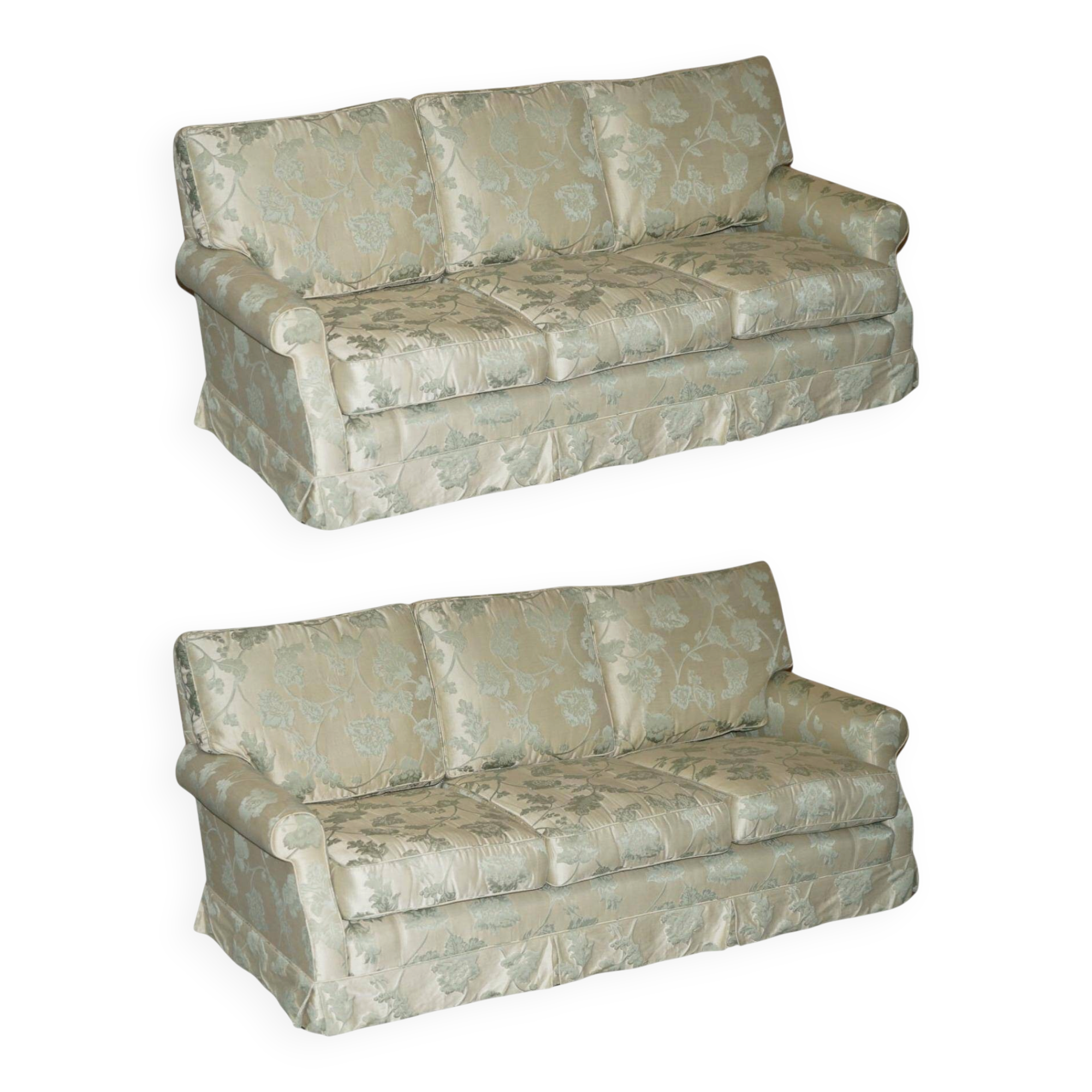 Pair of Howard & Son's style sofas in floral patterned silk blend.