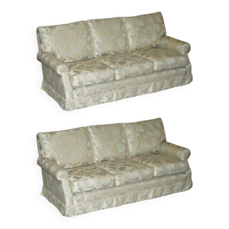 Pair of Howard & Son's style sofas in floral patterned silk blend.