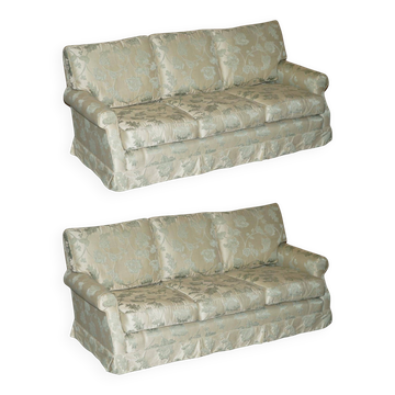 Pair of Howard & Son's style sofas in floral patterned silk blend.
