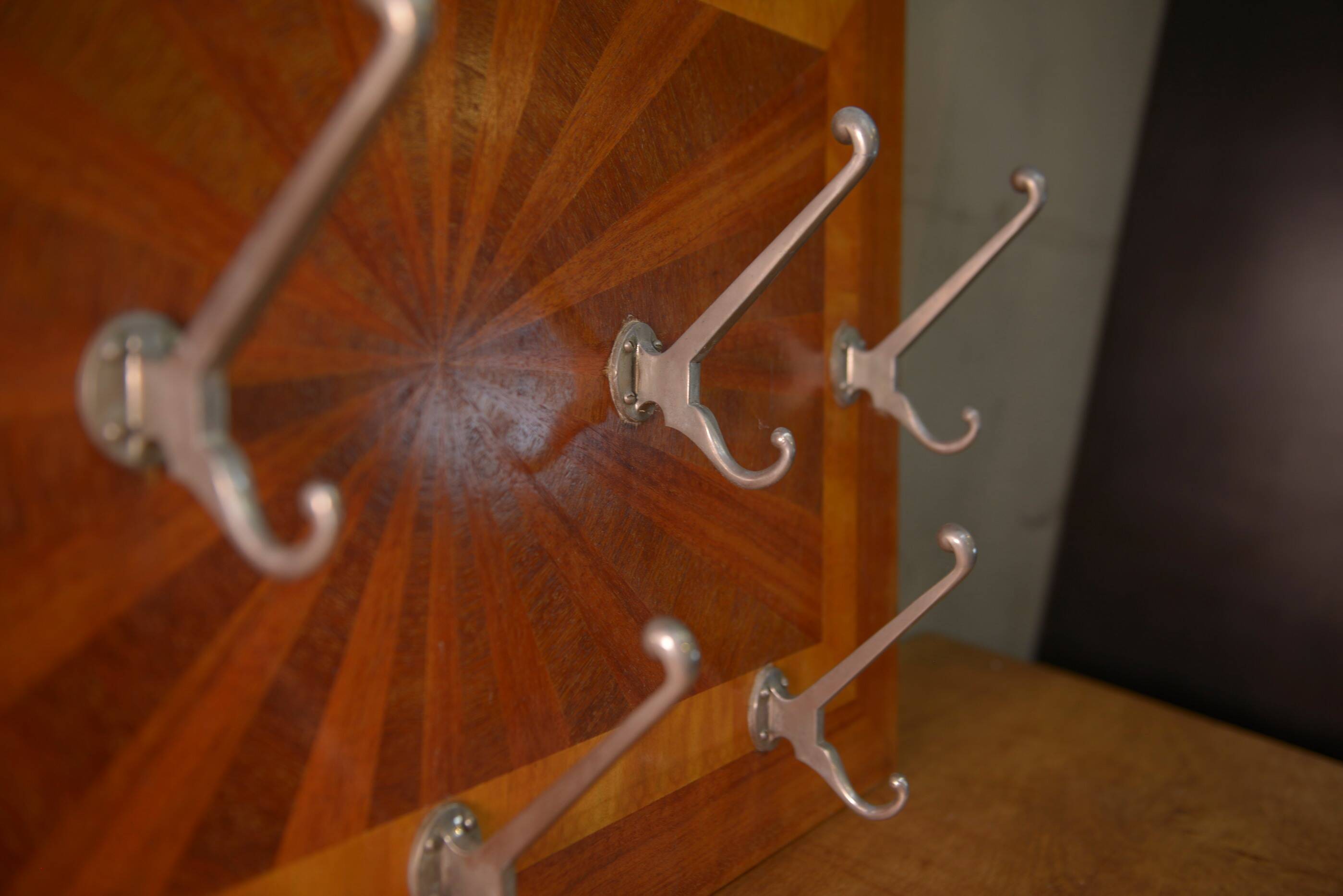 Art Deco marquetry and aluminum wall coat rack