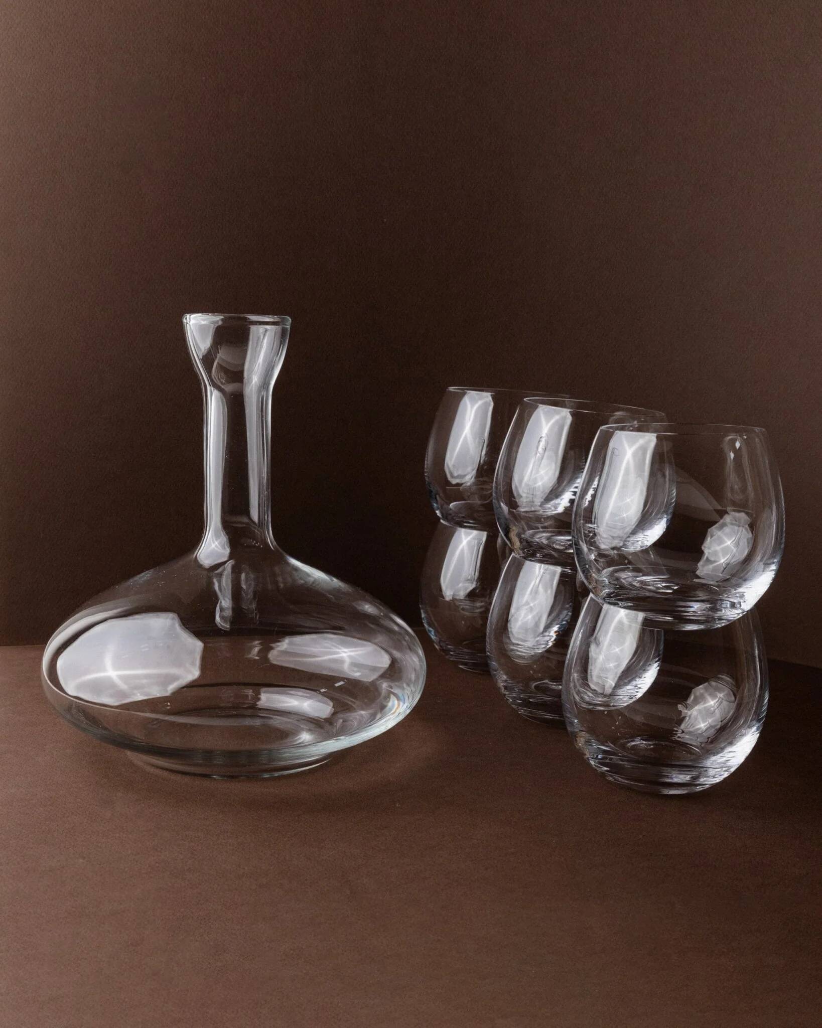 Vintage clear glass decanter set with 6 round wine glasses - Italian 1980s timeless design, elegant table décor