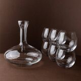 Vintage clear glass decanter set with 6 round wine glasses - Italian 1980s timeless design, elegant table décor
