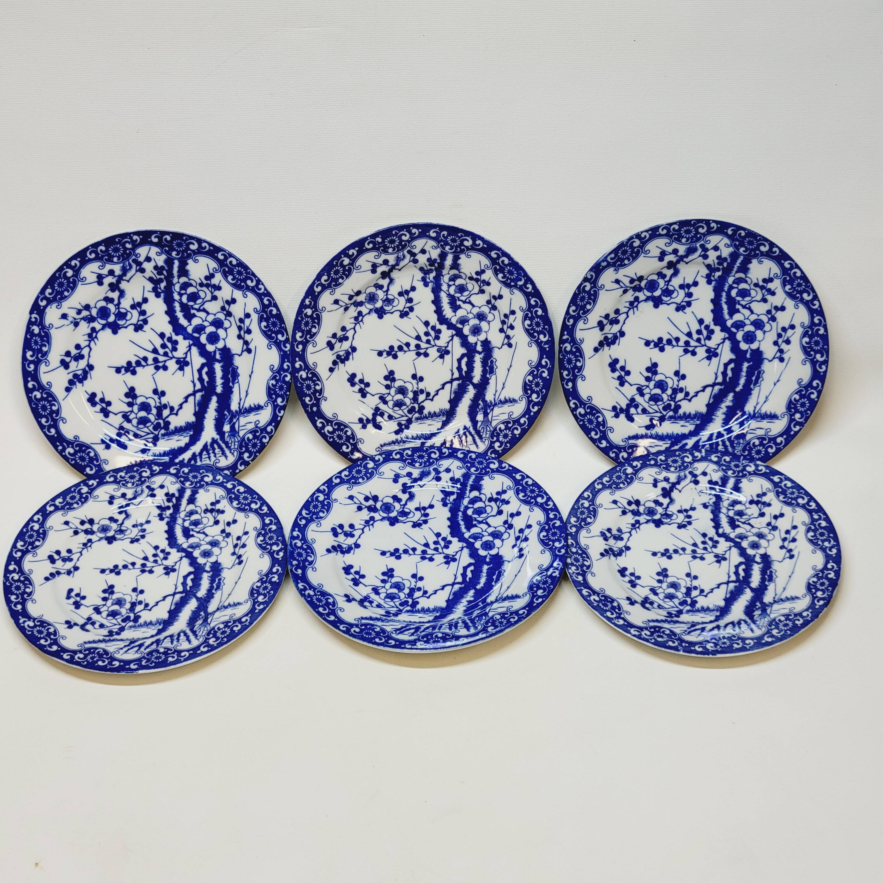 6 Small Dessert Plates in Fine Porcelain with Cherry Blue Decor
