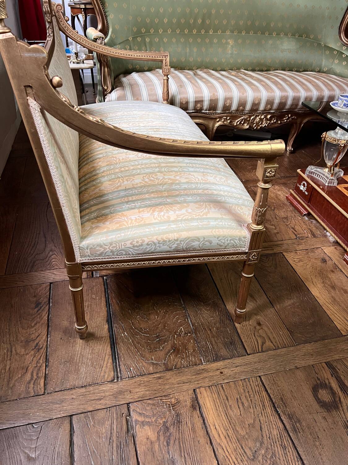 Exceptional Louis XVI style bench in gilded wood - Late 19th century
