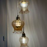 Triple vintage tulip pendant light in amber glass