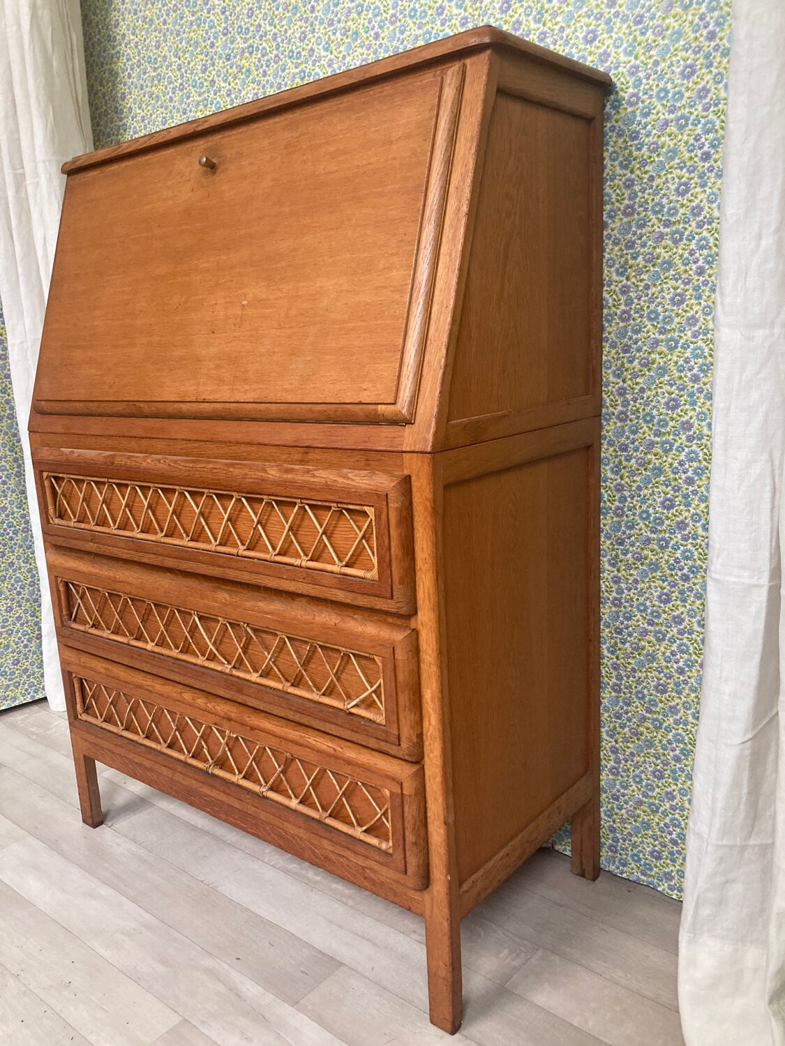 Vintage secretary in wood and rattan