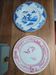 A pair of old flat plates with red and blue bird patterns.