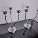 Pair of art deco candlesticks in stainless steel 3 flames and blue stones, Spain, 1970