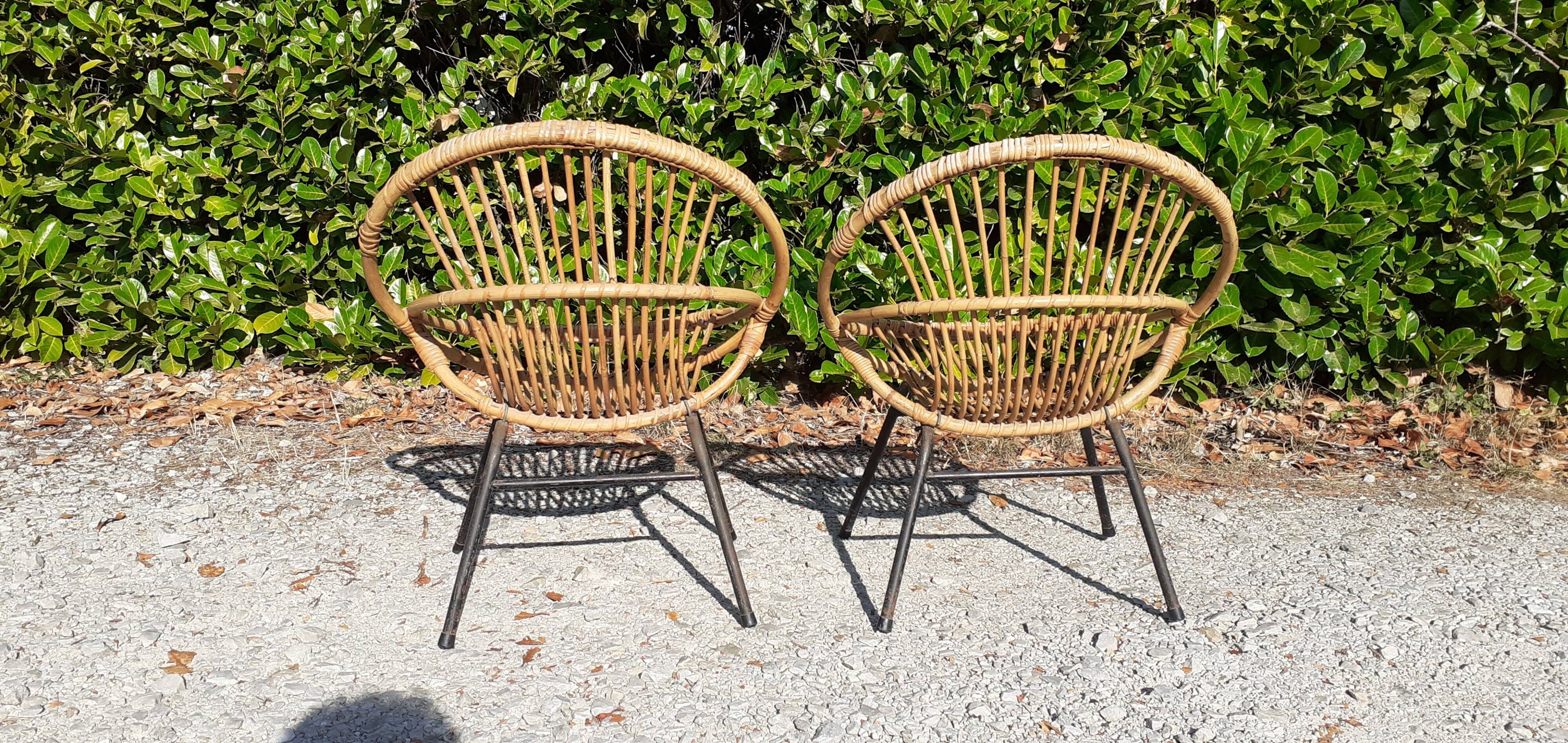 Pairs of rattan armchairs base metal year 60 vintage