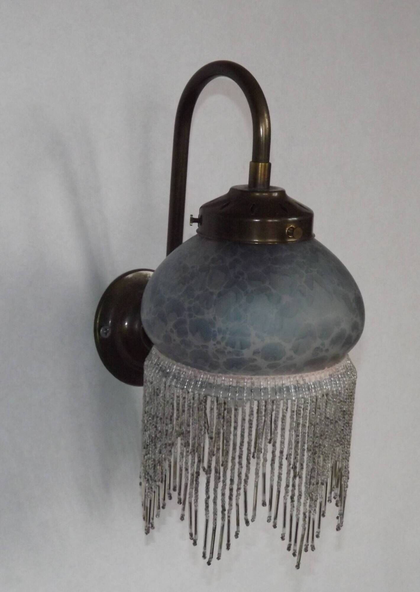 Pair French Vintage Mottled Glass Single Wall Lights Beaded Fringed Shade
