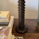 Sculpted wooden lamp, 2 m fabric cable, cotton shade.