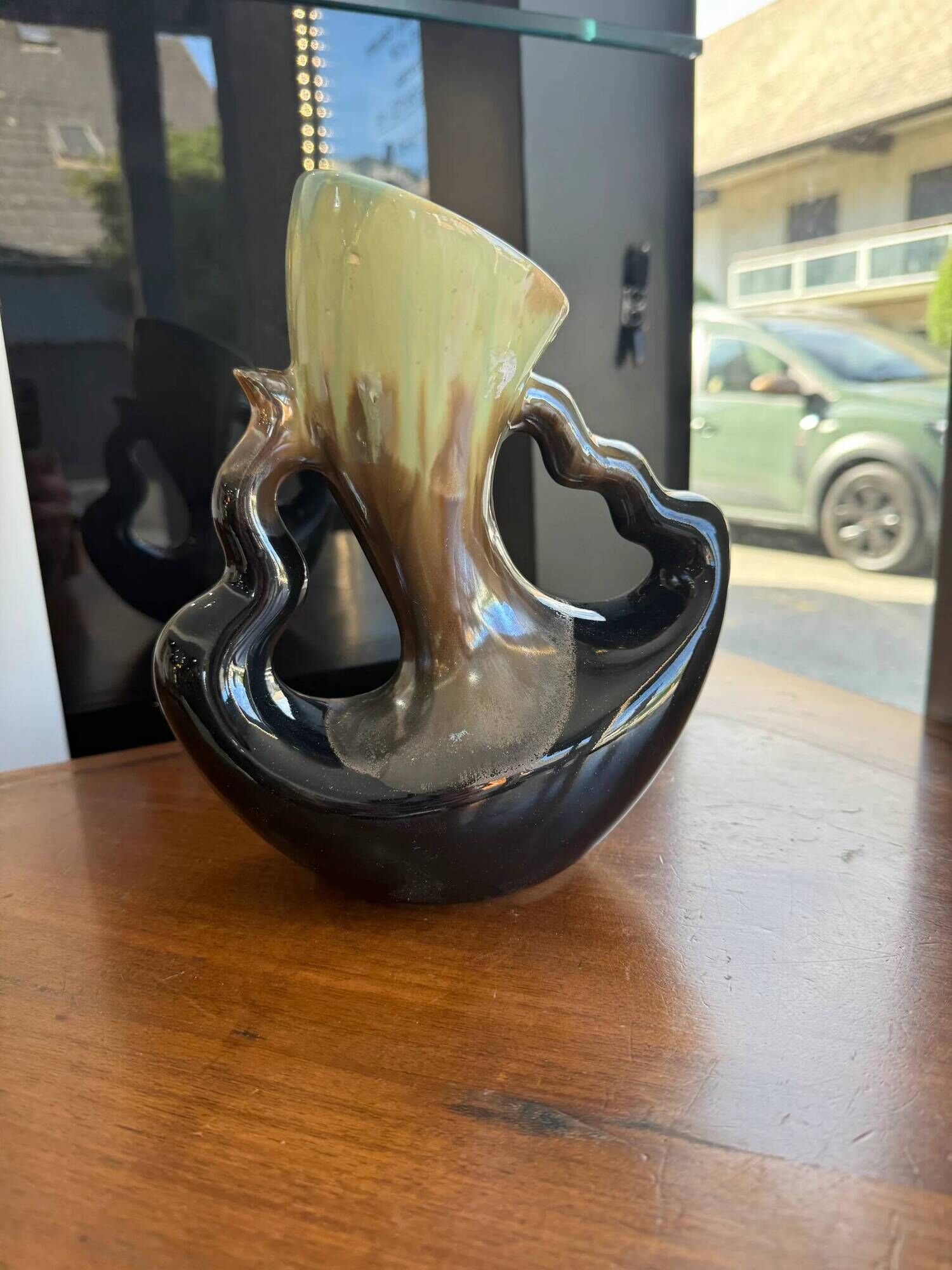 Vintage ceramic vase sculpture with openwork handles – Flamed green & black glaze (c. 1950–1960, Numbered 343)