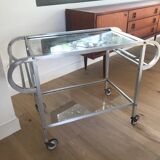 1950 bar cart, aluminum and glass serving trolley, design in the style of Adnet