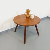 Vintage round brutalist coffee table in solid oak wood from the 50s