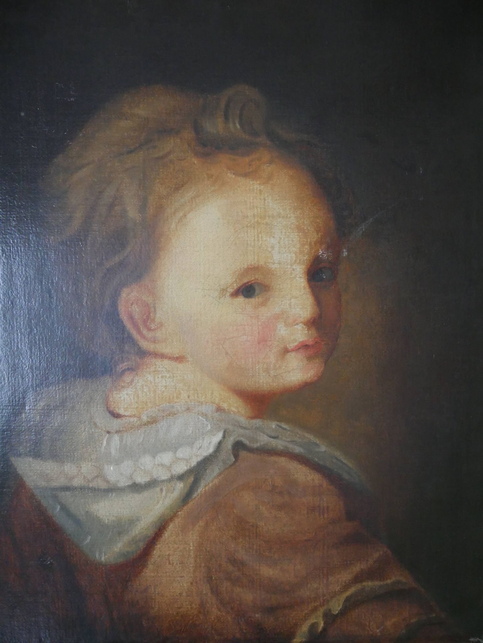 Old oil painting on canvas, countryside decoration, child portrait