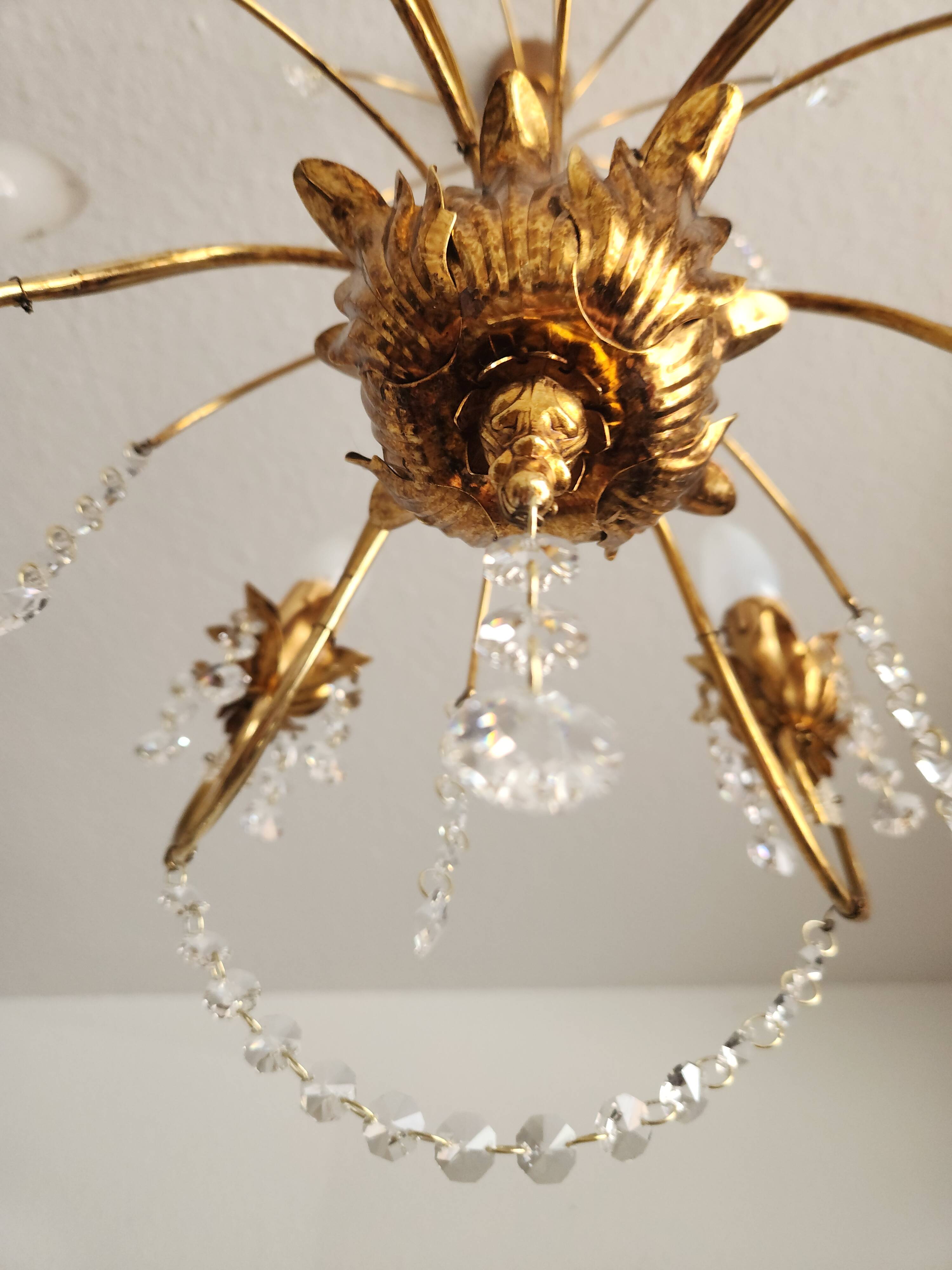 Messing doré lustre à 6 lumières lampe cristal cascade 1950-1970