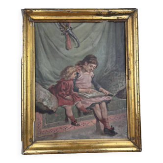 19th century French school: oil on panel "the drawing lesson" circa 1860