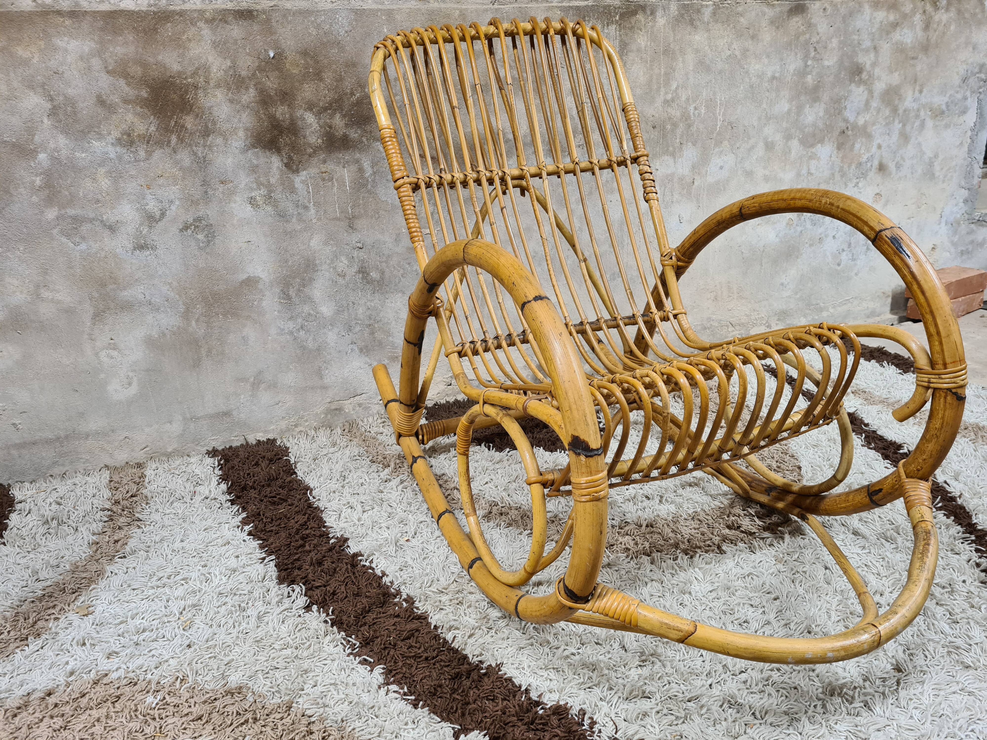 Rocking-chair rattan bamboo 60s