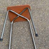 Vintage square stool in steel and brown leather.