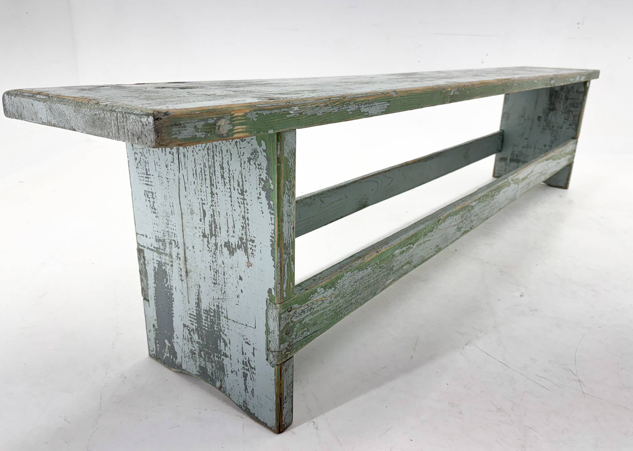 Vintage Industrial All-wood Bench, Original Paint, 1950's