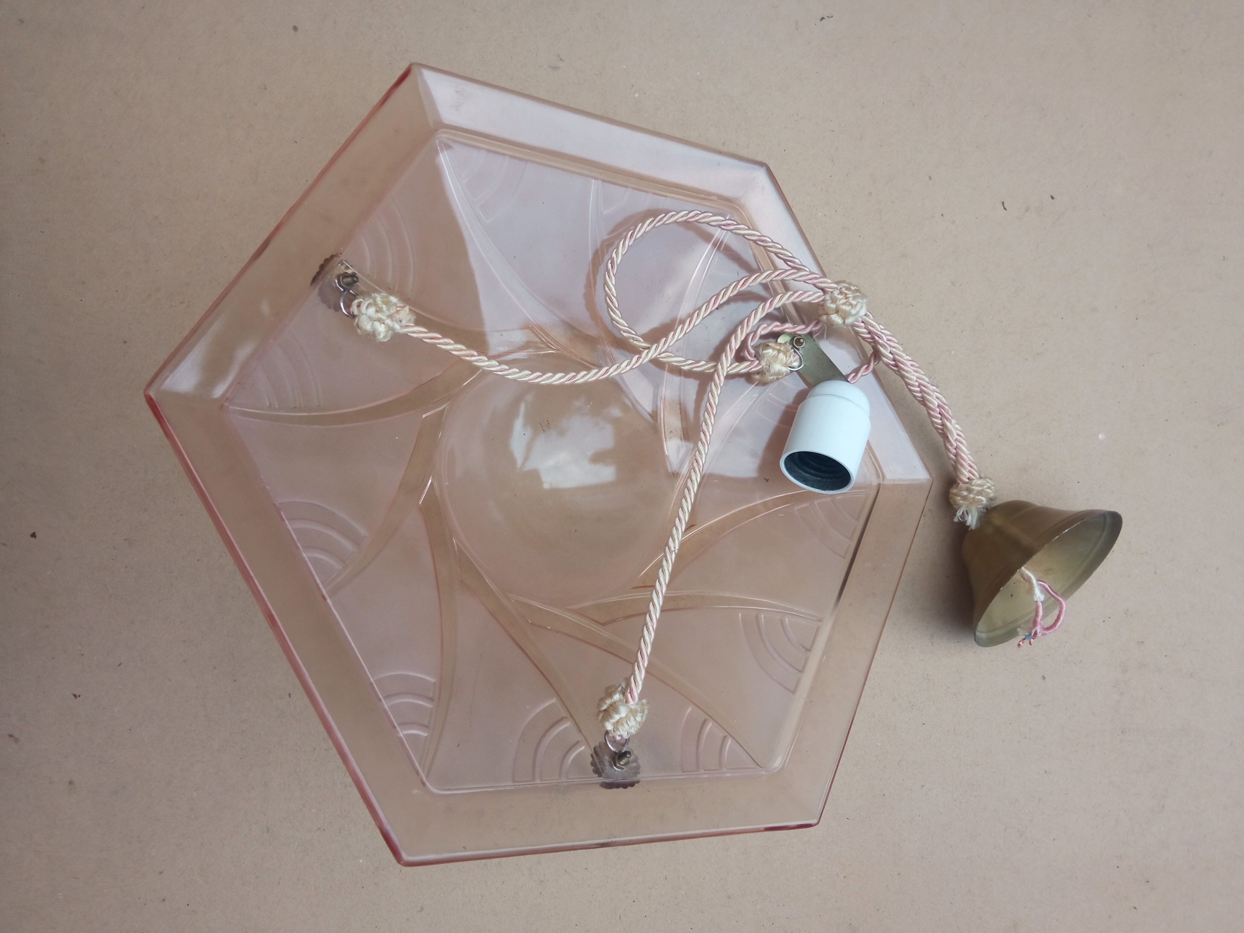 Art Deco ceiling lamp / chandelier in pink pressed molded glass in working order