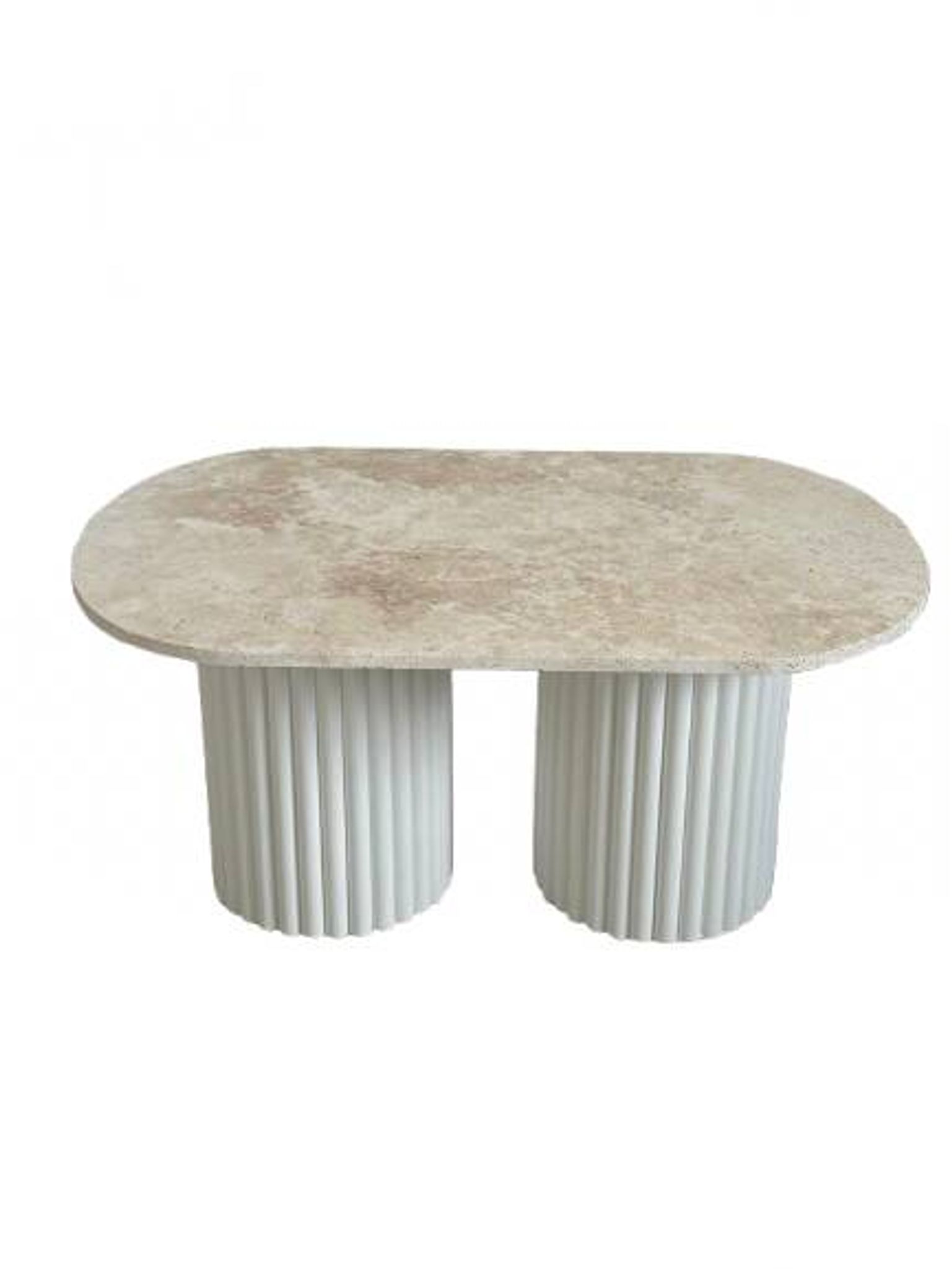 Table basse ovale en travertin et bois cannelé blanc