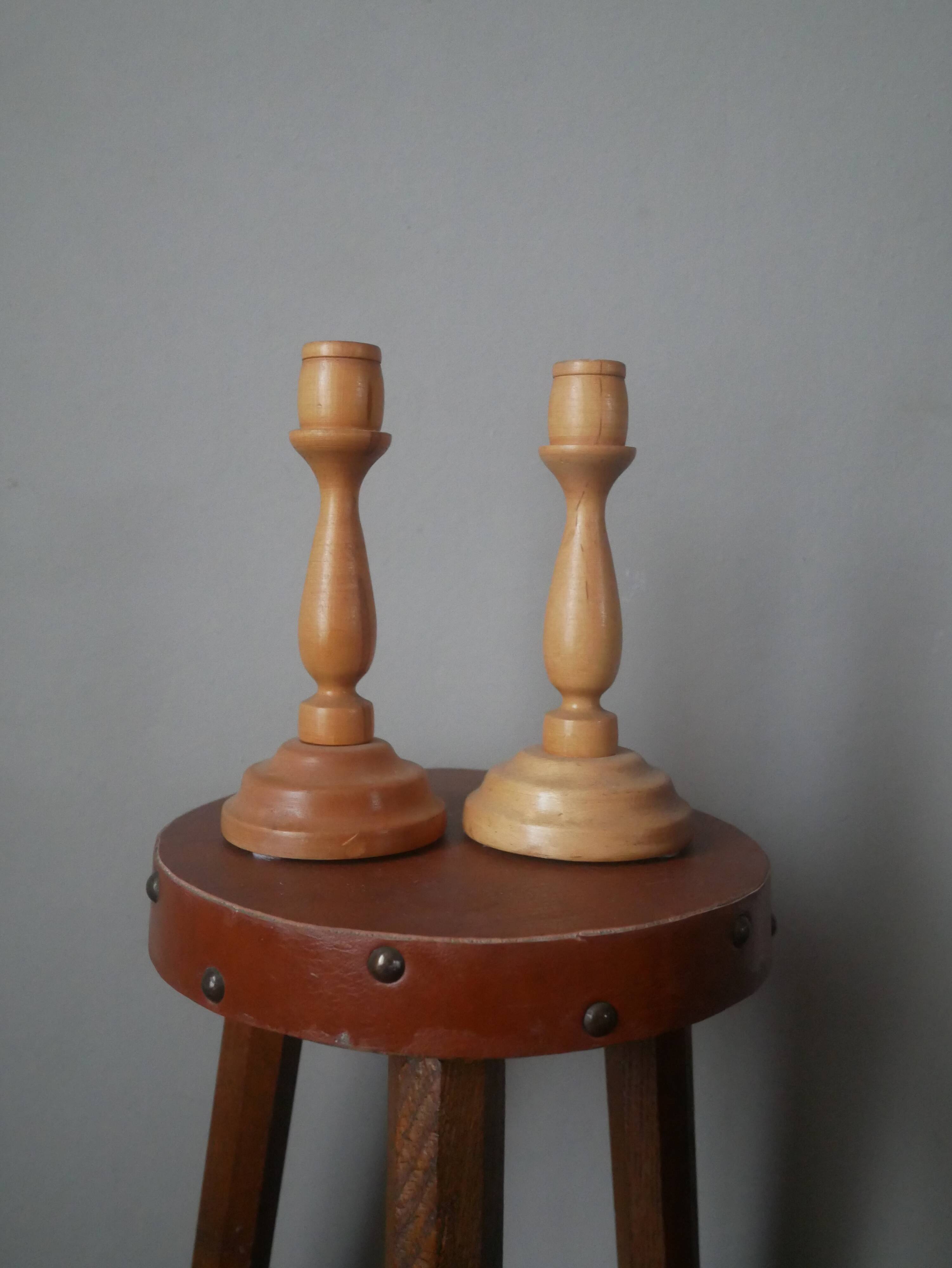 Pair of turned wooden candlesticks, handcrafted, Scandinavian country decoration